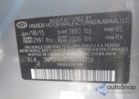 2016 Hyundai Elantra Se z USA, uszkodzony, nr VIN 5NPDH4AE1GH713756